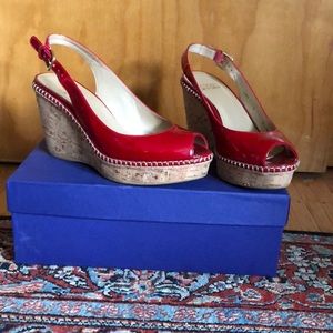 Red patent peep toe wedges, Stuart Weitzman size 6